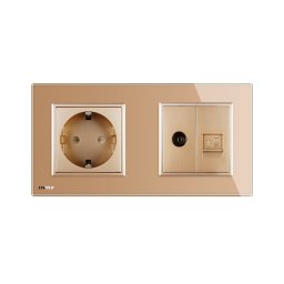Priza dubla Livolo cu rama din sticla 1 priza Schuko+TV/internet, Auriu, VL-C7C2EU/VC-13