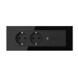 Priza Tripla cu Blank Livolo cu Rama din Sticla 2 Prize Schuko+TV/internet, Standard Italian Serie Noua, Negru, VL-C9-C3EU/VC-12
