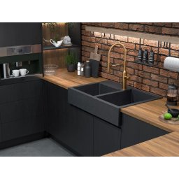Chiuveta de bucatarie GranitQ cu 2 cuve Apron style Quadron black diamonds cupru