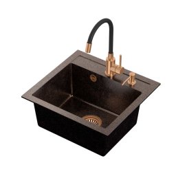 Chiuveta bucatarie granit cu finisaj negru perlat cupru Steingran Art Copper cu dozator si baterie Quadron