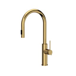 Baterie de bucatarie inox QLINE SLIM SteelQ cu dus extensibil finisaj auriu pvd