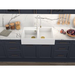 Chiuveta de bucatarie GranitQ cu 2 cuve Apron style Quadron -alb auriu