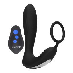 Ouch! E-stim & Vibration Butt Plug & Cock Ring with Remote Black