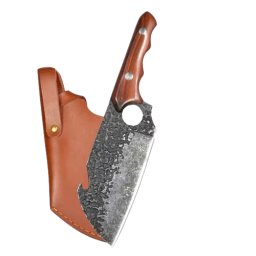 Cutit Viking, Forjat Manual, Patterned, Otel Inoxidabil cu Carbon, Full Tang 27 cm, Maner Lemn Maro, Husa Piele Ecologica, TarTek®