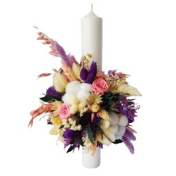 Lumanare botez/nunta cu trandafiri criogenati, alba, flori roz/mov, h35 x Ø5,6cm- AMB207004