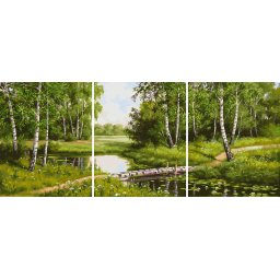 Set 3 picturi pe numere, cu sasiu, Mesteceni langa rau, 50 x 120 cm