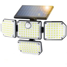 Lampa solara de perete MustWin cu 4 panouri, senzor de miscare, telecomanda, 1400 lm, LED, 182 leduri, 3 moduri, incarcare solara