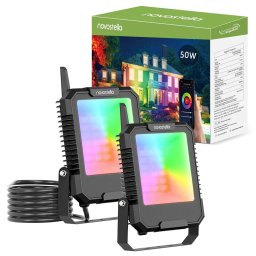 Set 2 proiectoare Smart LED RGB Novostella NTF72, BT Mesh, Alexa,Google, 50W, Sincronizare muzica, Exterior IP66 waterproof, Tuya Smart Life