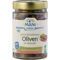 Masline verzi si Kalamata crude cu chili si ierburi bio 205g
