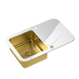 Chiuveta bucatarie din sticla alba securizata si cuva inox pvd Glen 211-Quadron