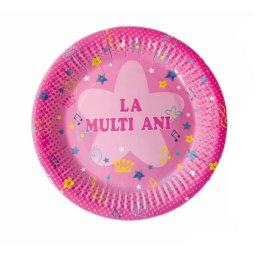 Set 8 farfurii La multi ani roz 18 cm