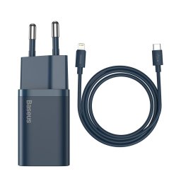Incarcator de retea Super Si, TZCCSUP-B03, 1 port USB-C, EU, Quick Charge, 20W, Universal, Albastru, Cablu USB-C-Lightning inclus
