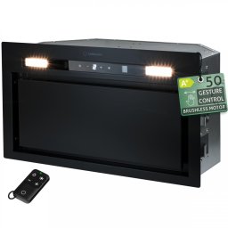 Hota incorporabila Turbionaire Thea 50 RCB, Negru, Motor 800 mc/h, Clasa A+, Motor brushless, Control prin Gesturi si Touch, Telecomanda, Iluminare LED 4000K, Aspiratie perimetrala, 3 viteze + Boost, Filtru Aluminiu vopsit negru in 5 straturi