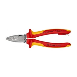 Cleste profesional VDE KNIPEX pentru sertizat ferule 0.25-16 mm ², izolat 1000 V, cu ureche pentru lanier de siguranta, 180 mm, fabricat in Germania 97 78 180 T