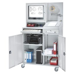 Stație de lucru pentru calculator, tablă de oțel î. x lăț. 1770 x 1100 mm, cu carcasă pentru monitor, perete perforat, extensie pentru pupitru