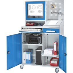 Stație de lucru pentru calculator, tablă de oțel î. x lăț. 1770 x 1100 mm, cu carcasă pentru monitor, perete perforat, extensie pentru pupitru