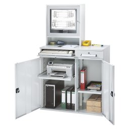 Stație de lucru pentru calculator, tablă de oțel î. x lăț. 1770 x 1100 mm, cu carcasă pentru monitor