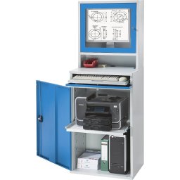 Stație de lucru pentru calculator, tablă de oțel î. x lăț. 1770 x 650 mm, cu carcasă pentru monitor