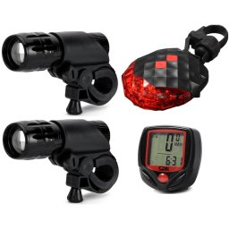 Doua faruri fata alloy focus zoom, stop spate laser, ciclocomputer, set complet bicicleta, negru