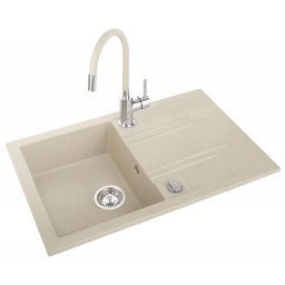 Pachet 2in1 Chiuveta Ferro Granit , cu o cuva + picurator, patrat, culoare nisip + Baterie FERRO Zumba cu pipa flexibila culoare, Bej-Nisip