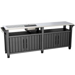 Dulap terasa, din plastic cu blat inoxidabil si masa, compartimentare pentru gratar, Graphite, Keter Unity Chef, 415 L, blocabil, cu chiuveta, 2 usi, dimensiuni 51,3 x 237 x 89,4 cm