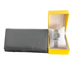 Ceas Silver Lady QQ si Portofel Black Piele Naturala