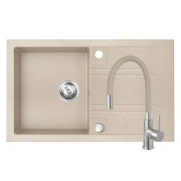 Set Chiuveta Ferro Mezzo II 1 Cuva si Picurator 780x480 mm, nisip si Baterie Ferro Zumba Inox - baterie stativa bucatarie cu pipa flexibila, bej
