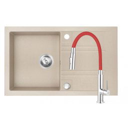 Set Chiuveta Ferro Mezzo II 1 Cuva si Picurator 780x480 mm, nisip si Baterie Ferro Zumba Slim 2F - baterie stativa bucatarie cu pipa flexibila, rosu