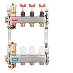 Distribuitor/colector Ferro tip SN-RZPU 1" din inox 3 circuite cu debitmetre si robineti termostatati
