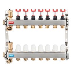 Distribuitor/colector Ferro tip SN-RZPU 1" din inox 7 circuite cu debitmetre si robineti termostatati