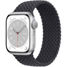 Ceas Smartwatch Apple Watch Series 8, GPS, 45mm Silver Aluminium Case, Midnight Braided Solo Loop