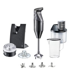 Mixer Bamix Superbox 200W set complet, 2 Viteze, Motor profesional, 4 Lame, Vas 1 l, Procesor cu powderdisc, SliceSy (5 lame razuire/feliere), Negru