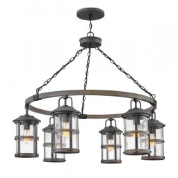 Lustră Lakehouse QN-LAKEHOUSE6-P-DZ, 6x60W E27, IP44, H:min 92,7 cm - max 248,7 cm, D:94,6 cm, aluminiu, sticlă transparentă