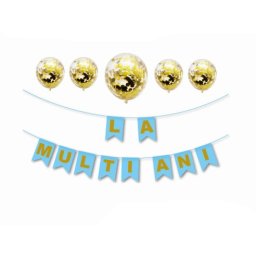 Set 5 baloane confetti auriu x banner LA MULTI ANI albastru