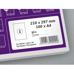 Etichete autoadezive A4, 210 x 297 mm, 1 eticheta coala A4