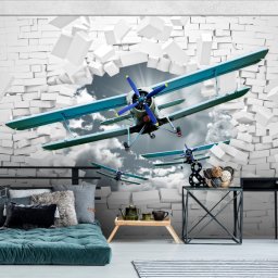 Fototapet 3D Avion Prin Zid de Caramizi Albe AMA31 (Alege materialul: : Tapet Hartie Semilucios + Adeziv)