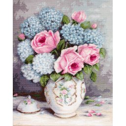 Set goblen de cusut, cu diagrama, Trandafiri si hortensii, 22x27.5cm