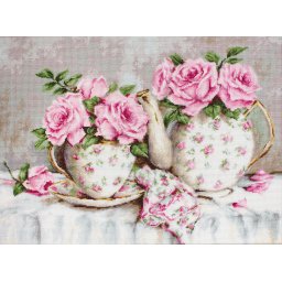 Set goblen de cusut, cu diagrama, Ceai de dimineata si trandafiri, 30x22cm
