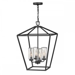 Lustră Alford Place QN-ALFORD-PLACE-4P-MB, 4x40W E14, IP44, H:min 66,9 cm - max 232,3 cm, D:43,2 cm, metal negru, sticla transparentă