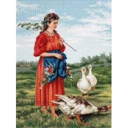 Set goblen de cusut, cu diagrama, Fata cu gaste, 25x33 cm