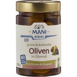 Masline verzi si Kalamata in ulei cu lamaie si oregano bio 280g