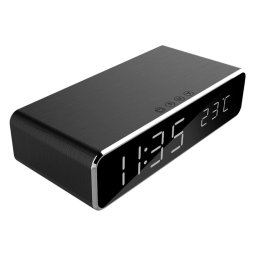 Ceas digital de birou, Gembird, cu incarcare wireless, alarma duala, afisare temperatura, Negru