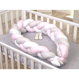 Protectie laterala patut bebe Bumper impletit Inchidere Velcro Bumbac White Grey Pink 340 cm