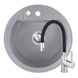 Set Chiuveta Ferro Mezzo II Rotunda cu o cuva Ø 51 cm, gri si Baterie Ferro Zumba - baterie stativa bucatarie cu pipa flexibila, negru