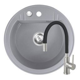 Set Chiuveta Ferro Mezzo II Rotunda cu o cuva Ø 51 cm, gri si Baterie Ferro Zumba Inox - baterie stativa bucatarie cu pipa flexibila, neagra