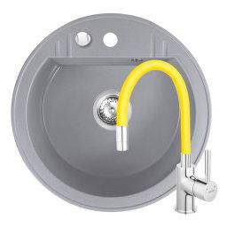 Set Chiuveta Ferro Mezzo II Rotunda cu o cuva Ø 51 cm, gri si Baterie Ferro Zumba - baterie stativa bucatarie cu pipa flexibila, galben-lamaie