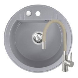 Set Chiuveta Ferro Mezzo II Rotunda cu o cuva Ø 51 cm, gri si Baterie Ferro Zumba Inox - baterie stativa bucatarie cu pipa flexibila, bej