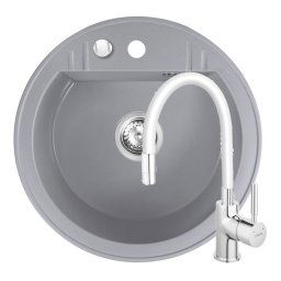 Set Chiuveta Ferro Mezzo II Rotunda cu o cuva Ø 51 cm, gri si Baterie Ferro Zumba - baterie stativa bucatarie cu pipa flexibila, alb