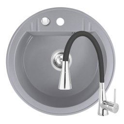 Set Chiuveta Ferro Mezzo II Rotunda cu o cuva Ø 51 cm, gri si Baterie Ferro Zumba II - baterie stativa bucatarie cu pipa flexibila, neagra
