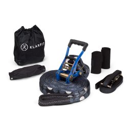 KLARFIT Antero Slackline, 15 m x 5 cm, frânghie cu clichet de 2,5 m, 2 x protecție pentru copaci, inclusiv slackline auxiliar și geantă de transport (FFU1-Slackline-B/W)